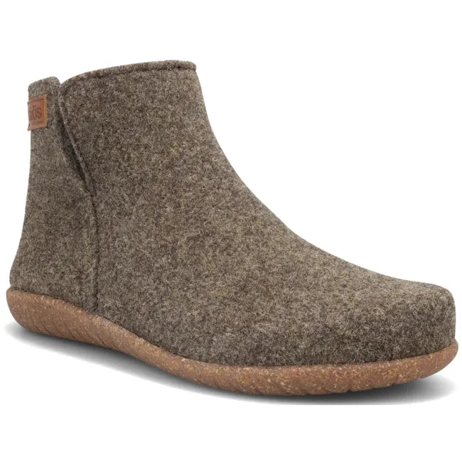 Front angled view of slip on Women's Taos Good Wool Slipper Boot in brown olive wool