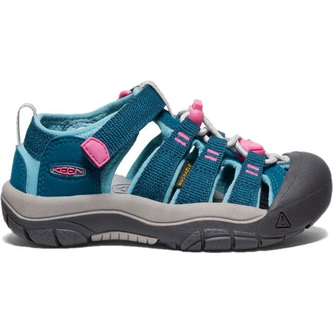 Lateral of KEEN Little Kids Newport H2 Closed Toe Sandal in Legion Blue and Hot Pink