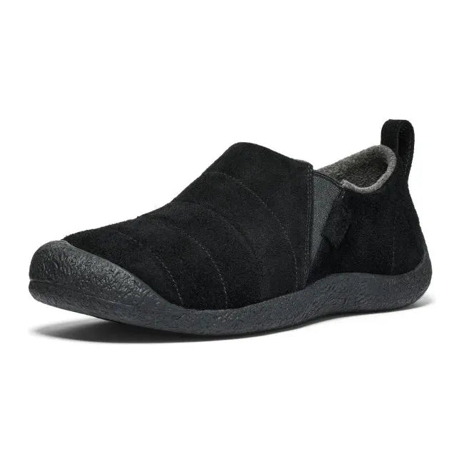 Front angled view of Men's Keen Howser II Suede Leather Slipper in Black Suede