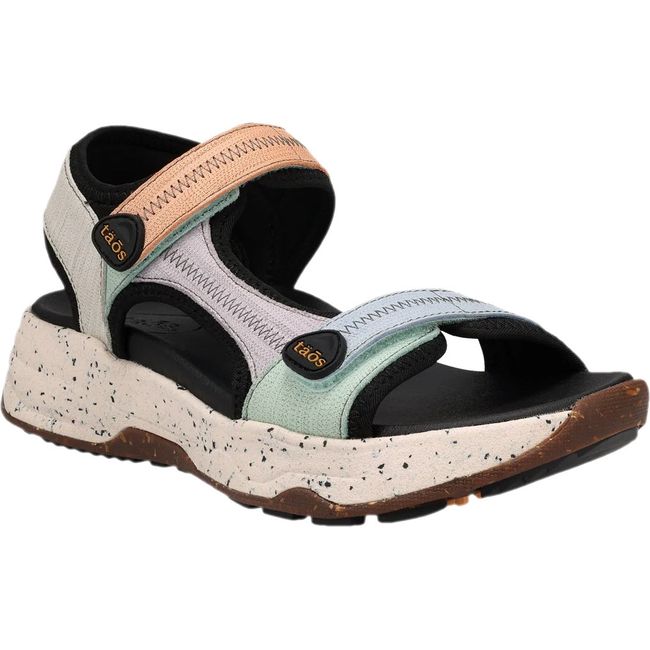 Front angled view of Women's Taos Super Side Sandal in Retro Emboss Multi with velcro straps