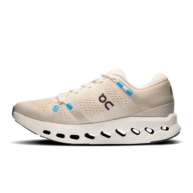 Medial side of On Running Women's Cloudsurfer 2 Running Shoe in Pearl Ivory Beige
