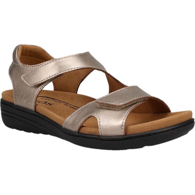 Front angled view of Women's Taos Serene Sandal in Champagne leather with velcro straps