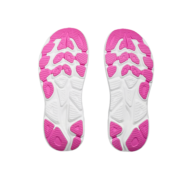 White soles of Hoka Women's Clifton 10 Running Shoe in Night Sky Blue with pink tread