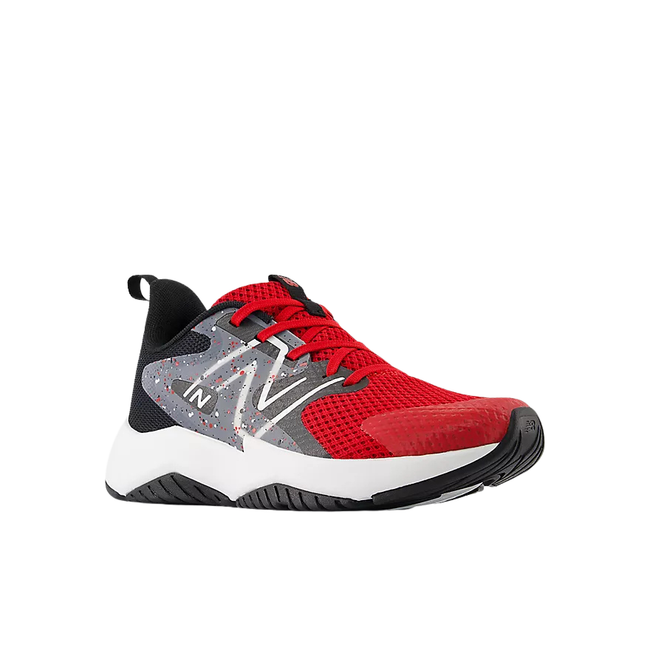 Angled side of New Balance Kids' 574 Lifestyle Shoe (Youth) in Team Red