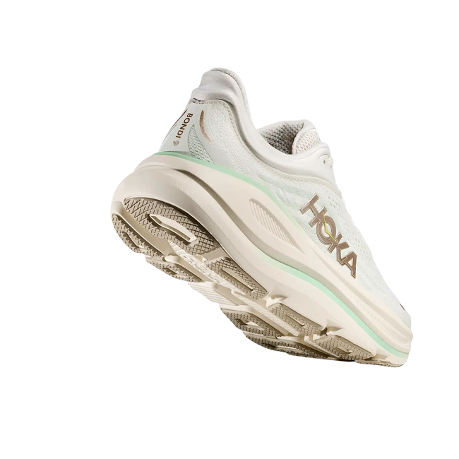 Angled Heel of Hoka Women's Bondi 9 Running Shoe in Truffle Salt