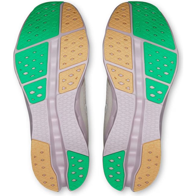 Soles of Women's On Running Cloudsurfer 2 Running Shoes in Pearl Orchid purple, green and orange