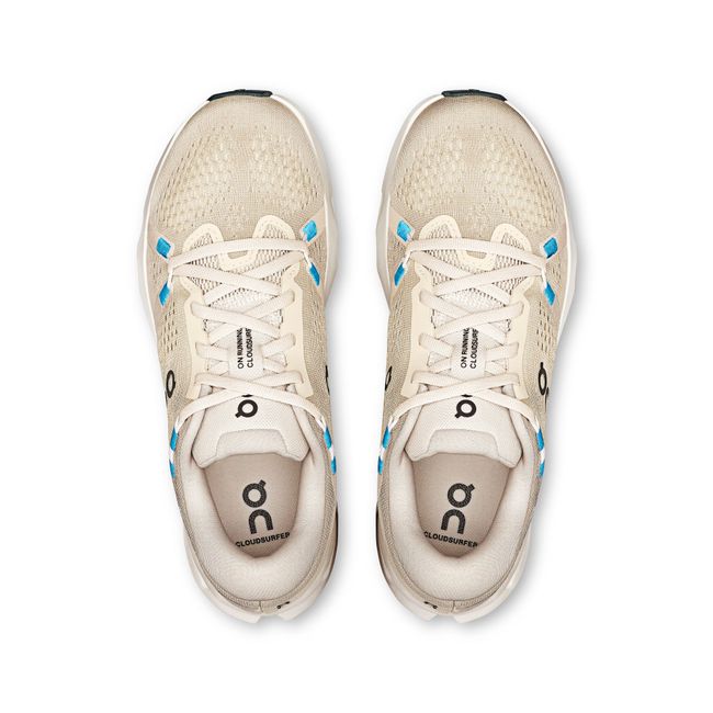 Lace up upper of On Running Women's Cloudsurfer 2 Running Shoes in Pearl Ivory Beige