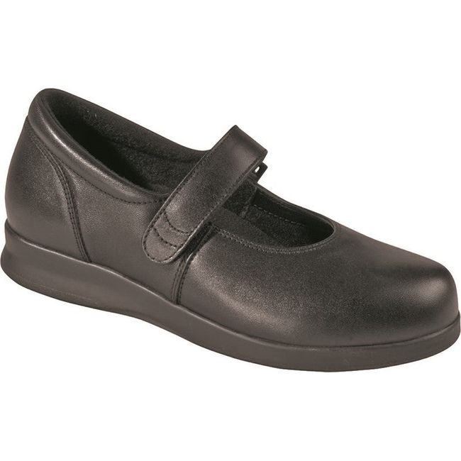 Front angled view of Women's Drew Mary Jane Bloom II Shoe in Black Leather with velcro strap