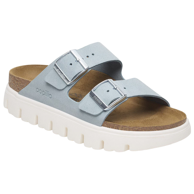 Angled Side of Birkenstock Women's Arizona Chunky Sandal in Baby Blue Suede