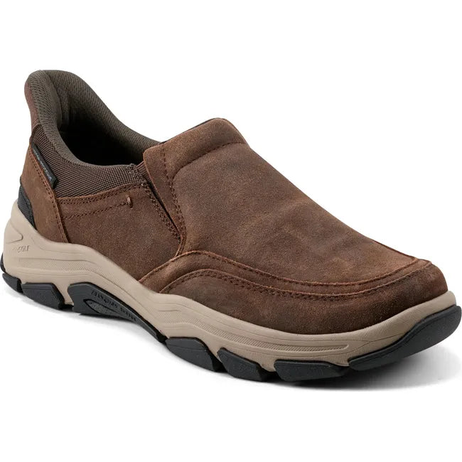Front angled view of Men&#39;s Rockport Reece Step Activated Slip On Shoe in medium brown suede