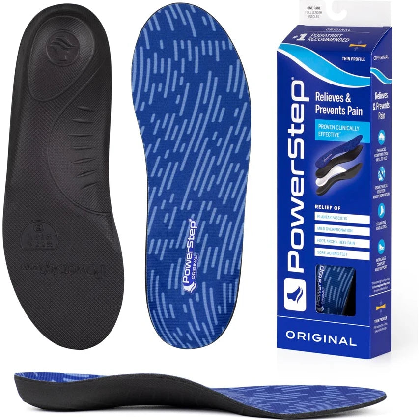PowerStep Unisex Original Orthotic insoles, bottom view with packaging