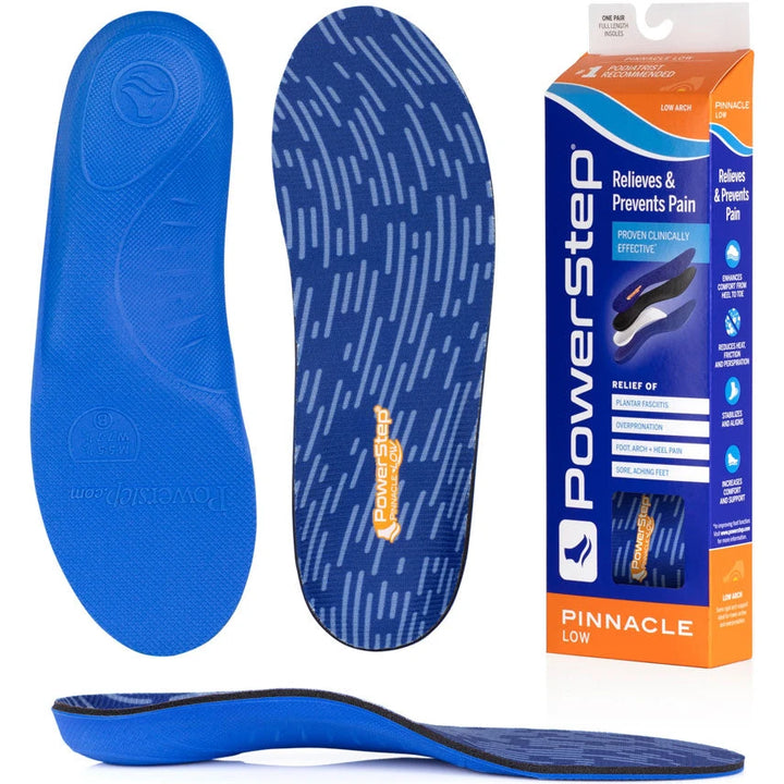 PowerStep Unisex Pinnacle Low Orthotic insoles, bottom view with packaging