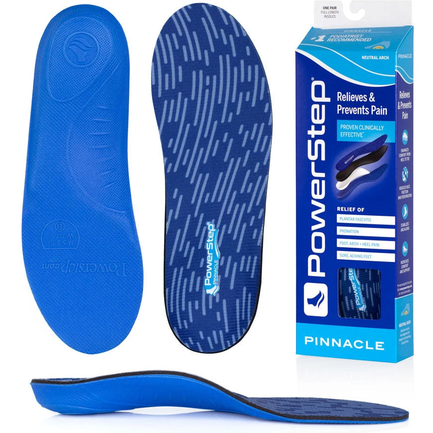 PowerStep Unisex Pinnacle Orthotic insoles, bottom view with packaging