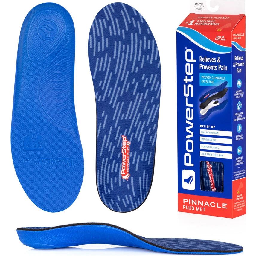 PowerStep Unisex Pinnacle Plus Orthotic insoles, bottom view with packaging