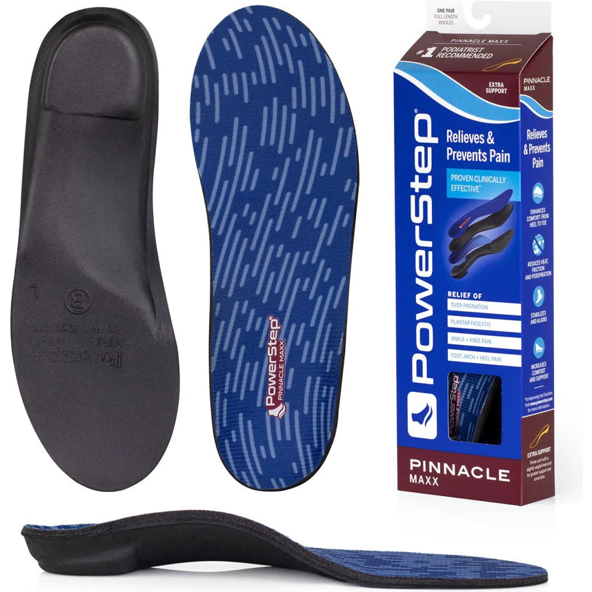 PowerStep Unisex Pinnacle Maxx Orthotic insoles, bottom view with packaging