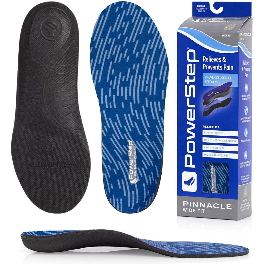 PowerStep Unisex Pinnacle Wide Fit Orthotic insoles, bottom view with packaging