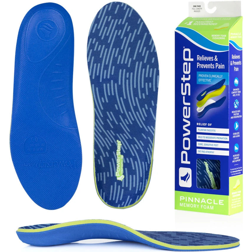 PowerStep Unisex Pinnacle Memory Foam Orthotic insoles, bottom view with packaging
