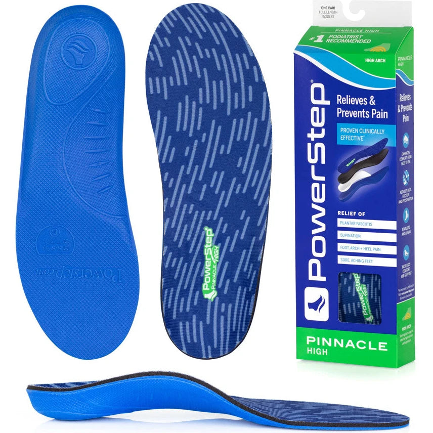 PowerStep Unisex Pinnacle High Orthotic insoles, bottom view with packaging