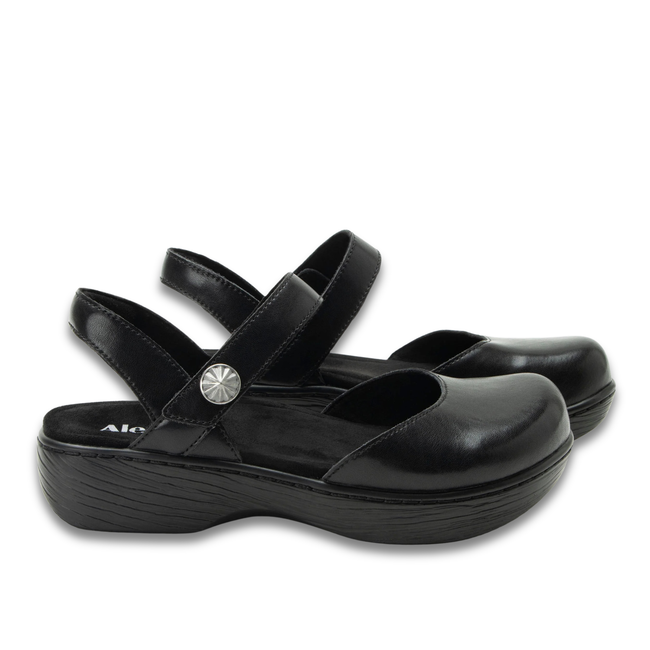 Lateral side of Women's Opal Closed Toe Sandals in black leather with velcro straps