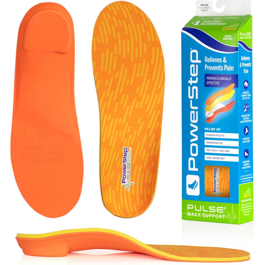 PowerStep Unisex Pulse Maxx Orthotic insoles, bottom view with packaging