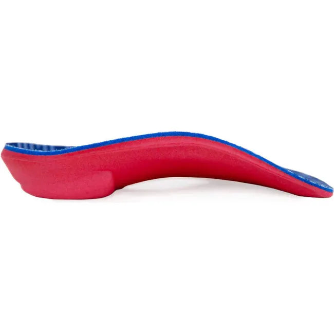 Medial side of blue and red PowerStep Kids&#39; Pinnacle Junior 3/4 Orthotic Insole