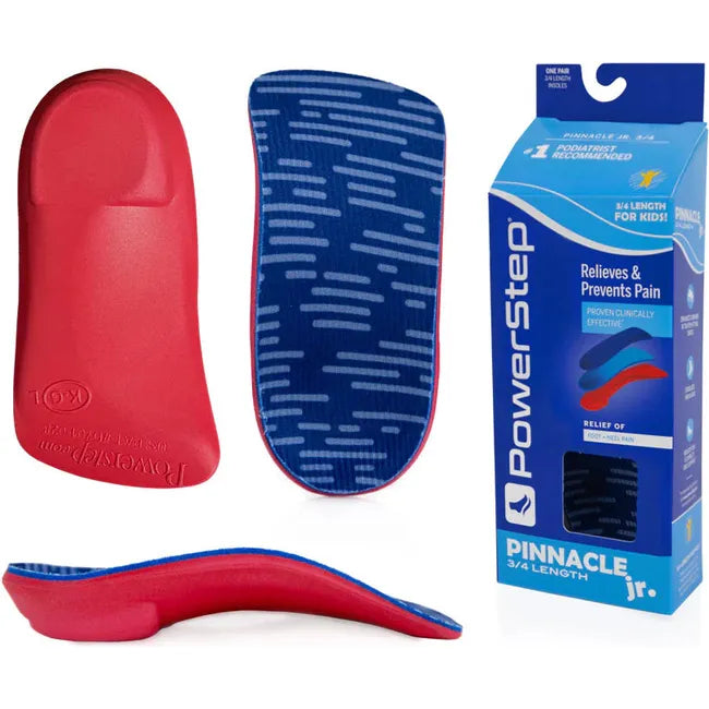 PowerStep Kids' Pinnacle Junior 3/4 Orthotic Insole showing blue upper, red sole and box