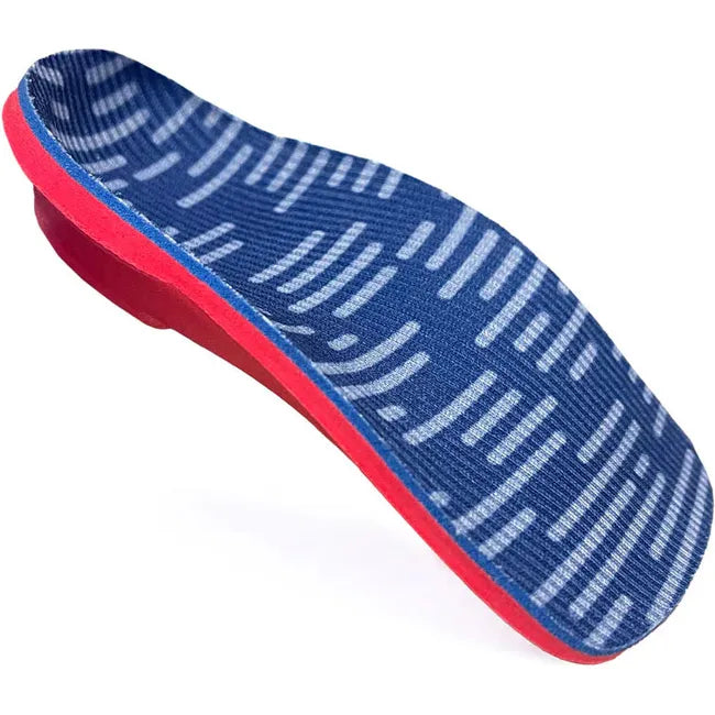 Angled look at the blue and red PowerStep Kids&#39; Pinnacle Junior 3/4 Orthotic Insole