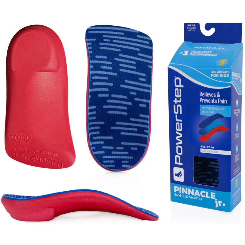 PowerStep Kids' Pinnacle Junior 3/4 Orthotic insoles, bottom view with packaging