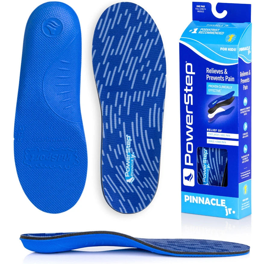 PowerStep Kids' Pinnacle Junior Orthotic insoles, bottom view with packaging