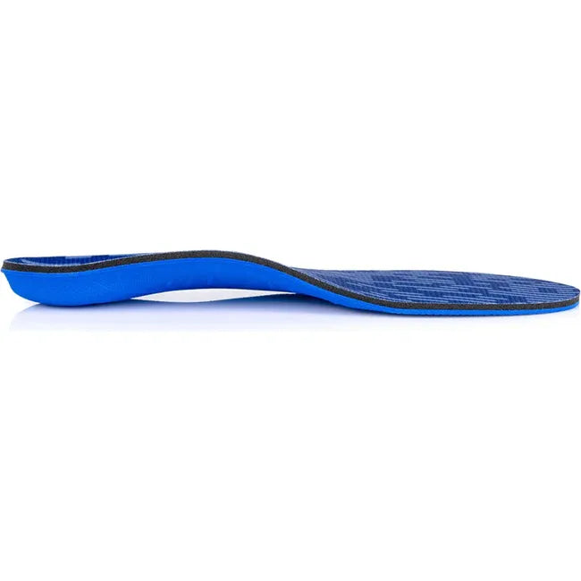 Medial side blue PowerStep Kids&#39; Pinnacle Junior Orthotic Insole showing arch support