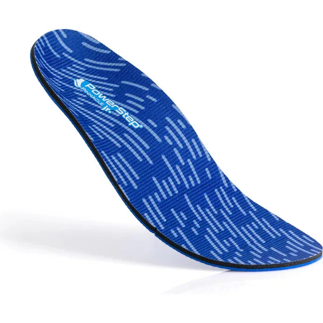 Angled look at blue PowerStep Kids&#39; Pinnacle Junior Orthotic Insole