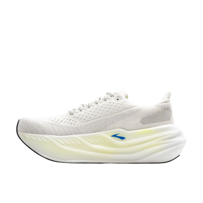 Medial side of Men's Brooks Glycerin Max Running Shoe. White upper. Yellow and black accents