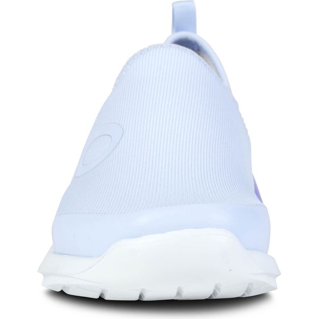 Front of laceless Women's OOFOS OOmg Sport in fade mesh with purple and white sole