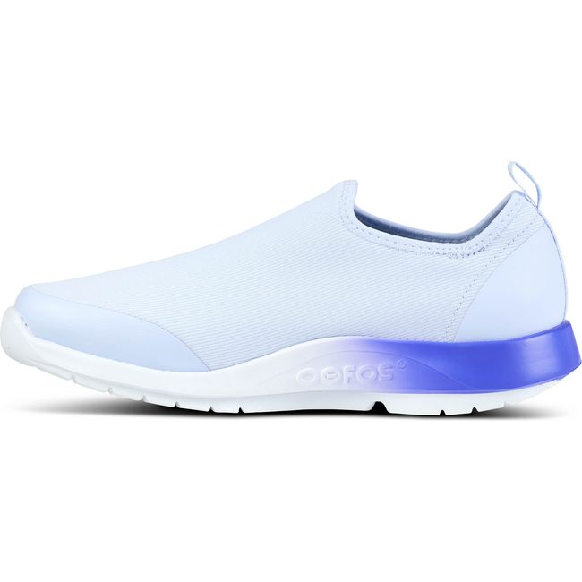 Medial side of laceless Women's OOFOS OOmg Sport in fade mesh with purple and white sole