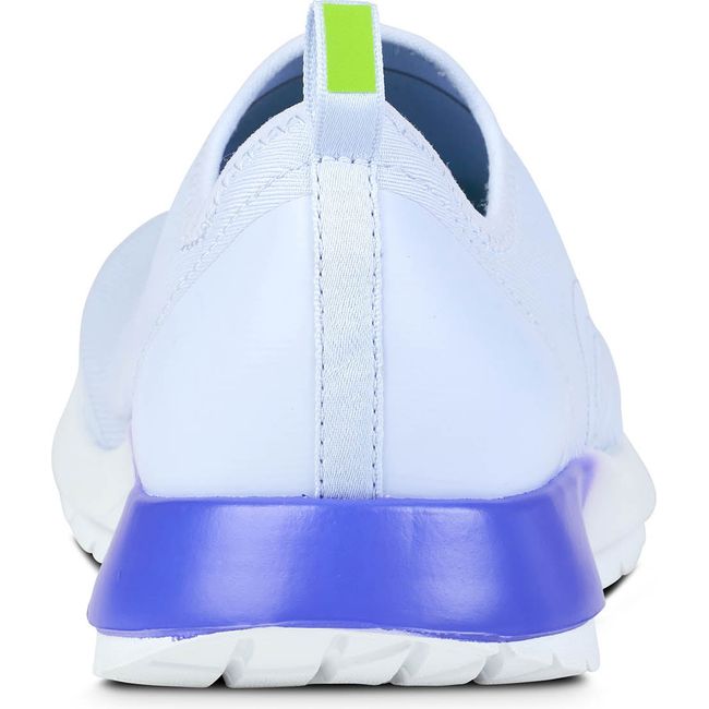 Heel of laceless Women's OOFOS OOmg Sport in fade mesh with purple and white sole