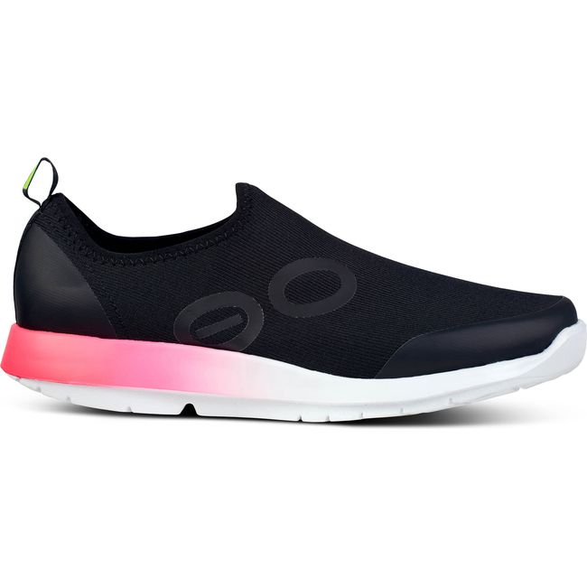 Lateral side of laceless Women's OOFOS Oomg Sport LS Shoe black mesh and pink fade