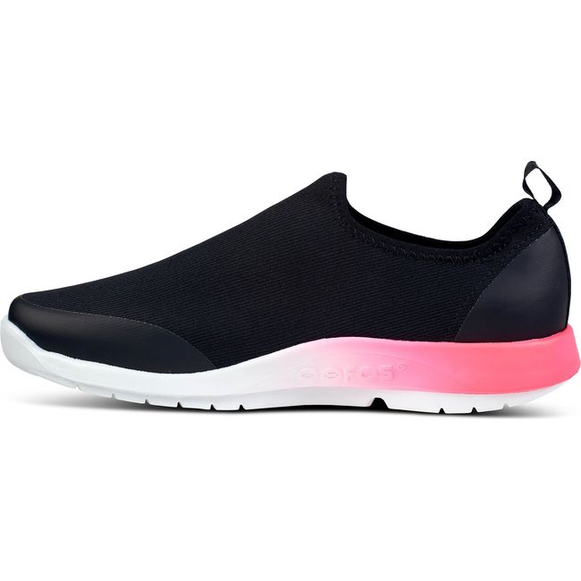 Medial side of laceless Women's OOFOS Oomg Sport LS Shoe black mesh and pink fade