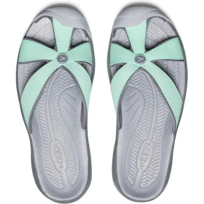 Upper of Women's KEEN Bali Slide Sandal in Lichen Steel Grey with closed toe