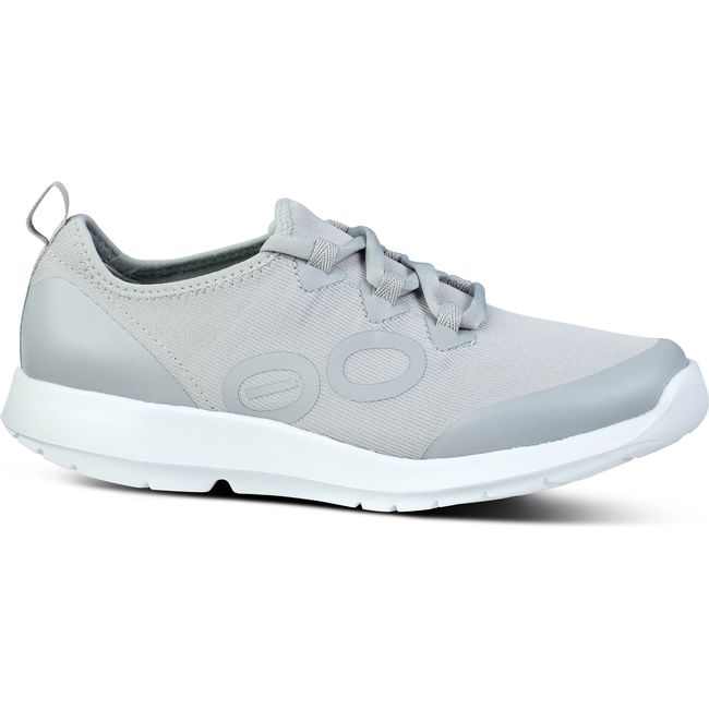 Lateral side of Women's OOFOS OOmg Sport LS Shoe in slate gray with a white sole
