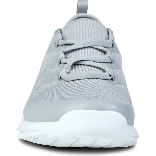 Front of lace up Women's OOFOS OOmg Sport LS Shoe in slate gray with a white sole