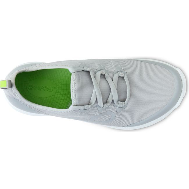 Top down view of Women's OOFOS OOmg Sport LS Shoe in slate gray with a neon green insole