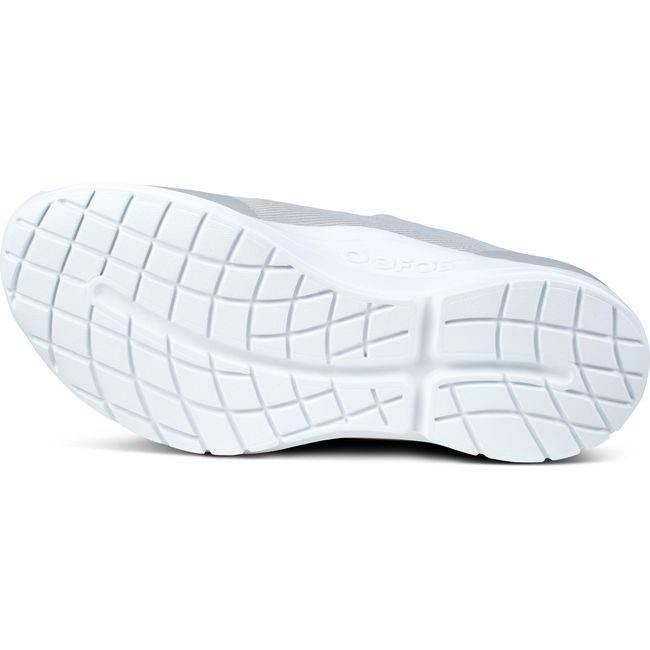 Sole of Women's OOFOS OOmg Sport LS Shoe in slate gray with a white sole