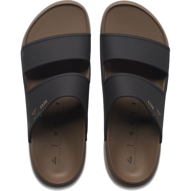 Top down view of Men's Reef Oasis Double Up Slide Sandals in Fossil brown and Black