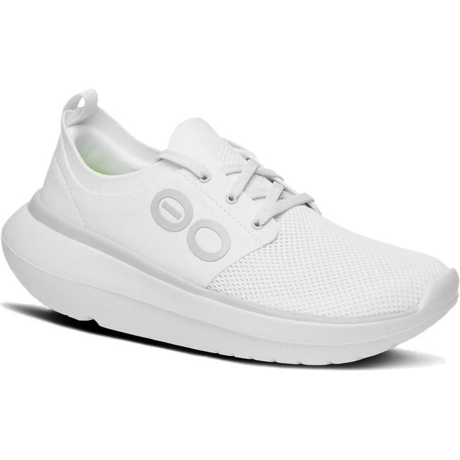 Front angled view of Women's OOfos OOmy Stride Shoe in White