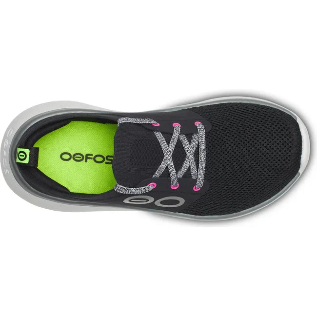 Lace up upper of Women's OOfos OOmy Stride Shoe in Black and White