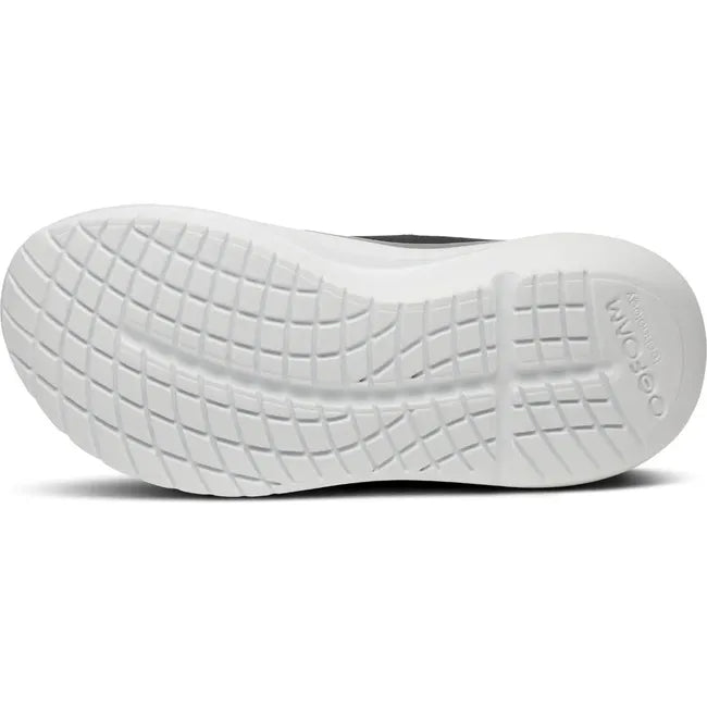 White sole of Women's OOfos OOmy Stride Shoe in Black and White