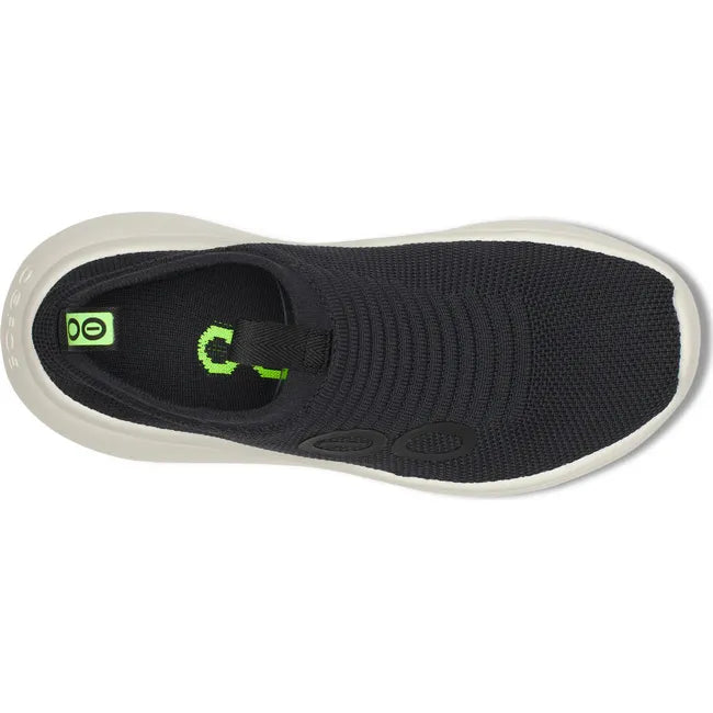 Slip on knit upper of Women&#39;s OOfos OOmy Zen Sneaker in Black and Chalk white