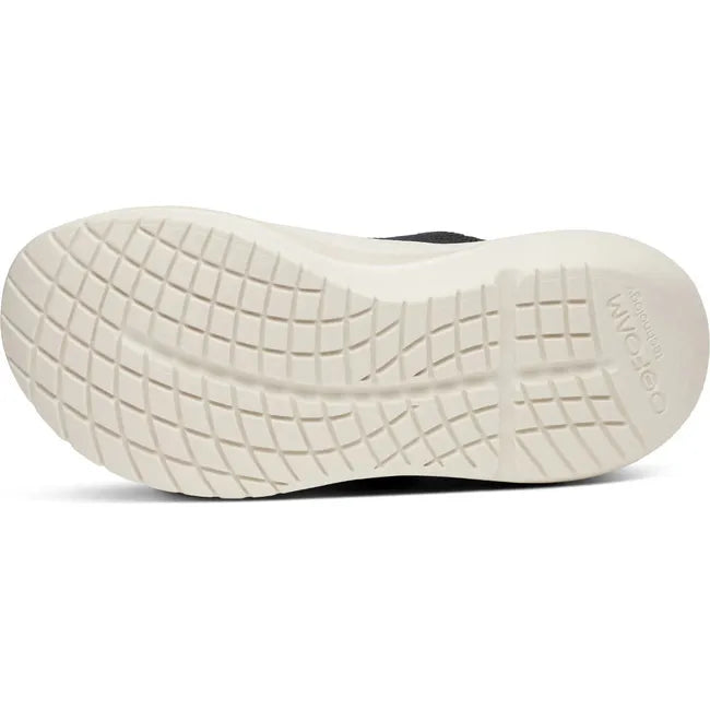 White sole of Women&#39;s OOfos OOmy Zen Sneaker in Black and Chalk white