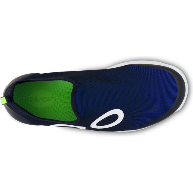 Top down view of Men&#39;s OOFOS OOmg Sport in navy mesh with a neon green insole