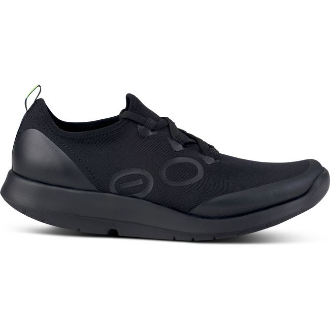 Lateral side of lace up Men&#39;s OOFOS OOmg Sport LS Shoe in black mesh